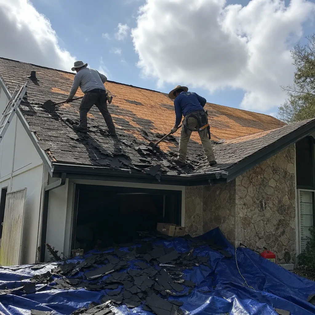 Two professional roofers removing old asphalt shingles from a residential roof