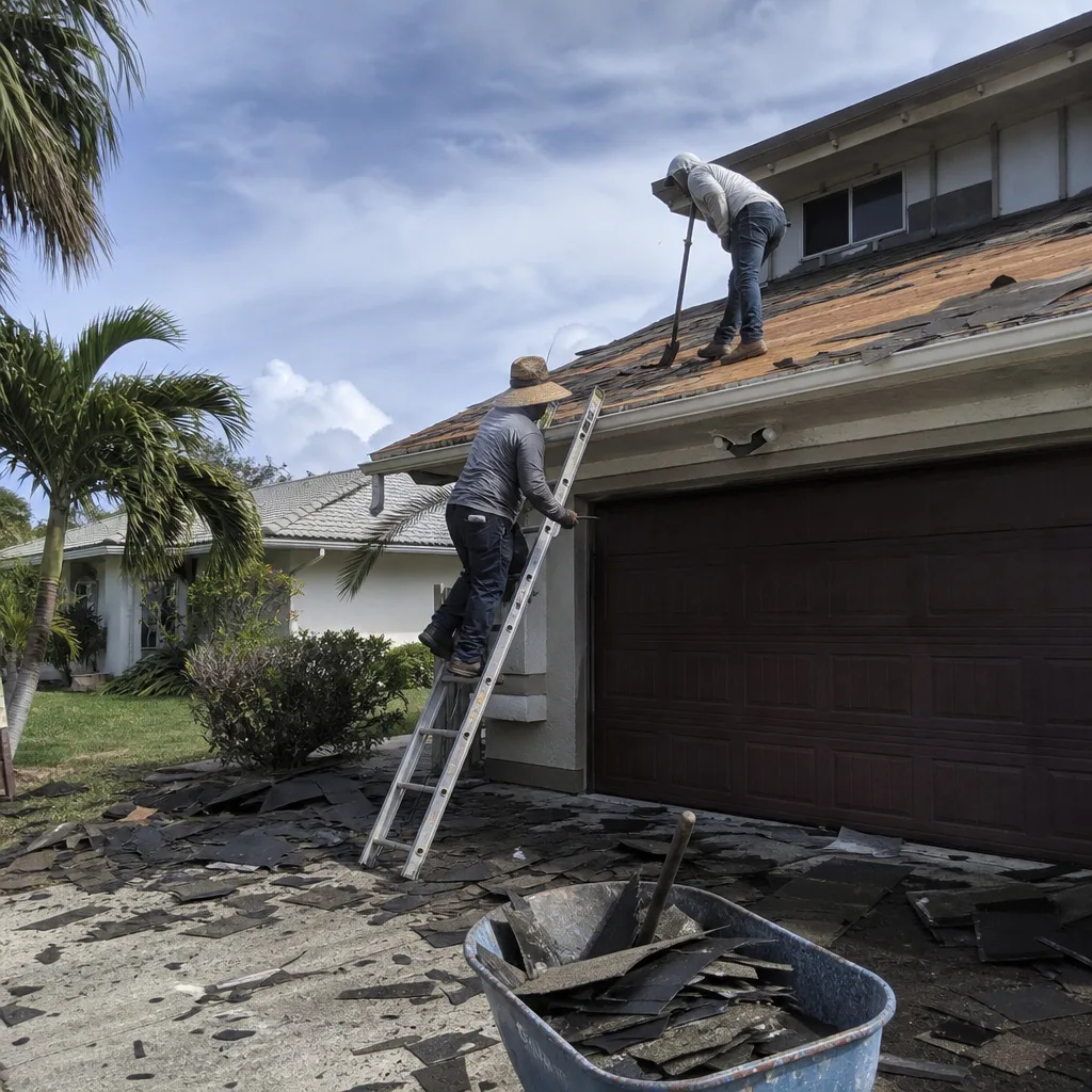 Two professional roofers removing shingles from a residential house roof.