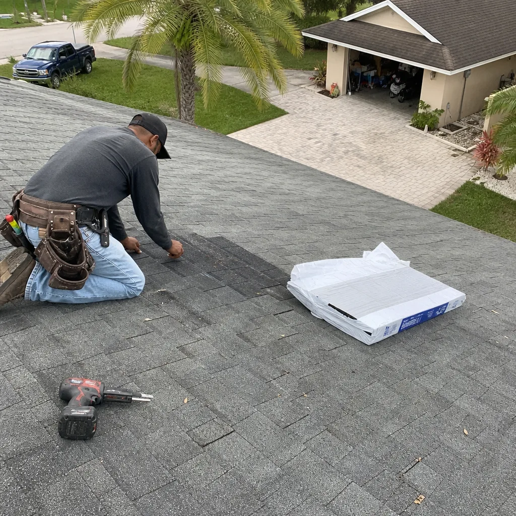 Professional roofer performing shingle repair on a residential roof
