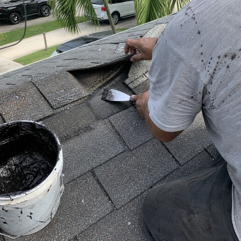 Professional roofer applying sealant to repair damaged roof shingles