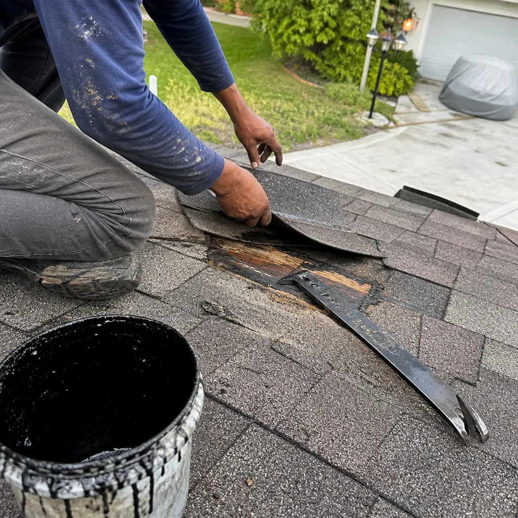 A roofing contractor performing professional shingle repair on a residential roof.