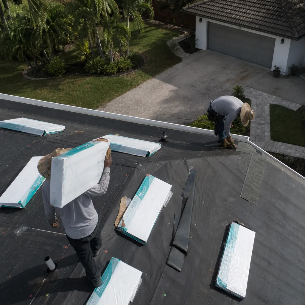 Roofers installing shingles during a residential roof replacement project.
